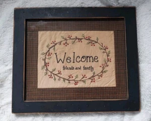 Hand Stitched "Welcome Friends and Family" Framed 8.5" X 10" - Picture 1 of 3