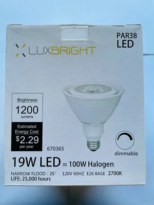 LUXBRIGHT 6 PACK PAR38  LED Light Bulb 19W LED (100W HALOGEN) 2700K DIMMABLE - Image 1 of 3