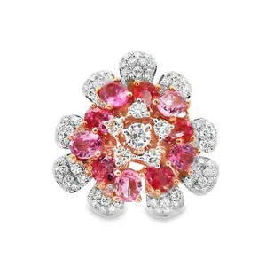 Padparadscha & Pink Sapphire Diamond 18k White Gold Flower Ring - Picture 1 of 4