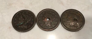 VINTAGE ONE CENTS, 1850,1851,1855, ONE HOLED, ONE PARTIAL HOLE, ONE WITH CUTS - Picture 1 of 8
