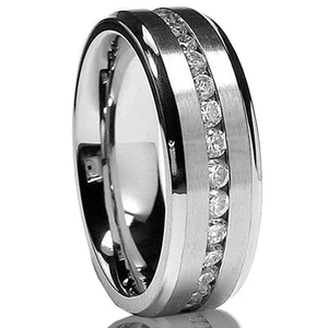 7MM Men's Eternity Titanium Ring Wedding Band with Cubic Zirconia CZ - Picture 1 of 7