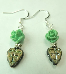 Leaf Czech Earrings with Turquoise Carved Roses Beads Handmade Jewelry - Picture 1 of 1