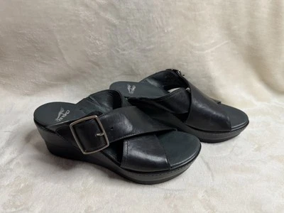 DANSKO Black Leather Chunky Wedge Cris-cross Strap Y2K Comfort Sz 40  US 9 - Image 1 of 4
