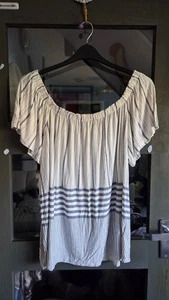 George White & Blue Stripe Stretch Bardot Summer Top Size 20 - Foto 1 di 6