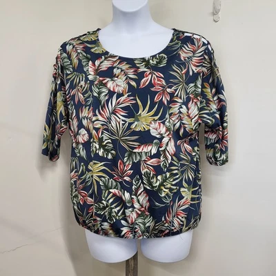 PERCEPTION CONCEPT Blouse Womens Size XL Blue Tropical Flower Cut Out Sleeves.   - Image 1 of 4