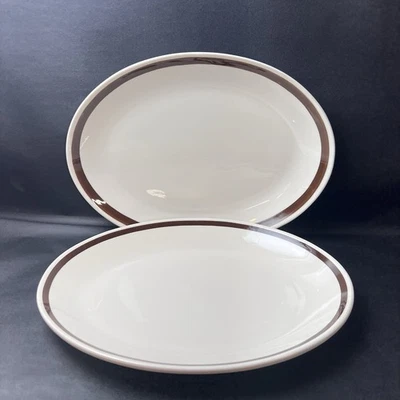 2 Homer Laughlin Restaurant Ware Off White Brown Stripe Oval Serving Platters - Image 1 of 4