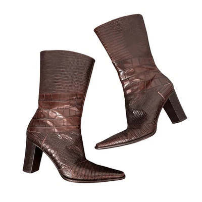 Ботинки Via Spiga 9 коричневые кожаные с тиснением ящерица принт заостренный квадратный носок каблук - Изображение 1 из 4