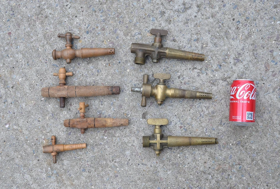 vintage old brass bronze / wooden barrel tap old barrel taps spigot keg x 7 - Image 1 of 4