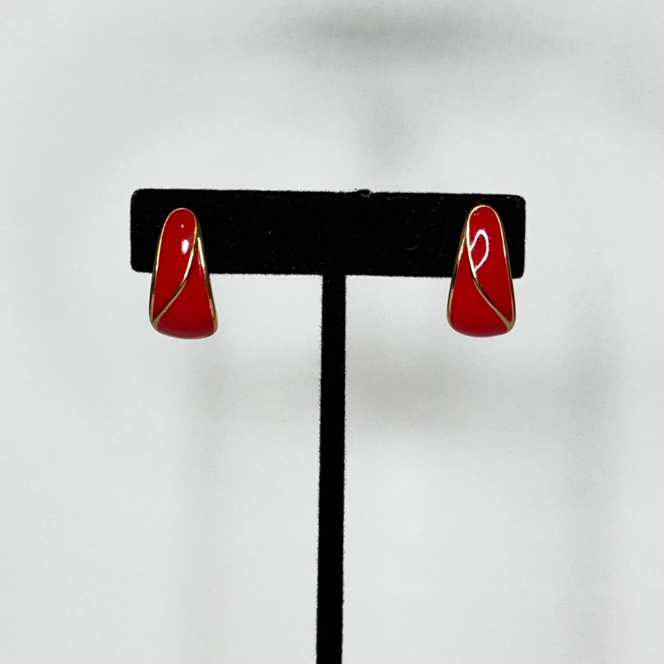 Pendientes de Clip Trifari Corona Vintage Esmalte Rojo Tono Dorado Foto 1 de 4