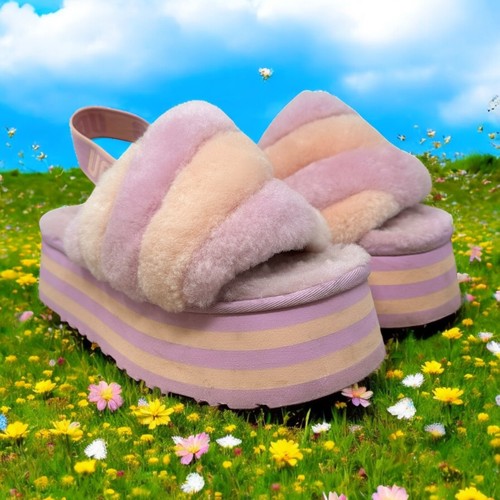 UGG discoteca righe ciabatte plateau slide sandali donna 9 rosa fuzzy lana lilla