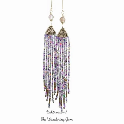 Pendientes colgantes con flecos con cuentas de cristal de fluorita, cuentas de semillas boho chic declaración  Foto 1 de 4