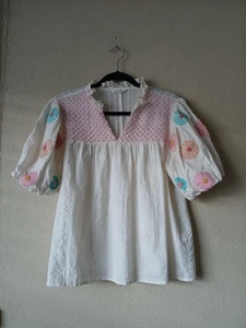 Blusa THML para mujer grande blanca con volantes manga abullonada floral TDM1044-CR - Imagen 1 de 14