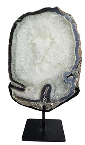 ACHATSCHEIBE AUF METALLSTÄNDER AMETHYST EDELSTEIN ACHAT GEODE BERGKRISTALL QUARZ - Bild 1 von 5