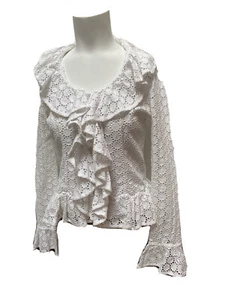 ANNE FONTAINE WHITE COTTON EYELET RUFFLED BLOUSE ZIPPERED SIZE 40  - Picture 1 of 8