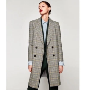 Zara Grey & Yellow Prince of Wales Check Wool Mix Double Breasted Coat Size L - Picture 1 of 11