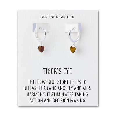Tigers Eye Gemstone Heart Charm Hoop Earrings with Quote Card - Image 1 of 4