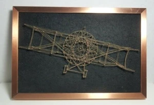 Vintage Mid Century Wire Nail Art Bi-Plane Wall Hanging With Copper Tone Frame - Picture 1 of 12