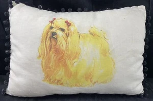 Copricuscino cane maltese dipinto a mano con frangia a sfera nera 18 x 13" - Foto 1 di 5