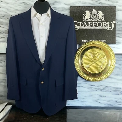Stafford Blazer Mens 44R Navy Gold Button 100% Wool Soft Flannel - Image 1 of 4