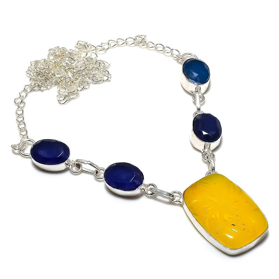 Collar de joyería de plata 925 hecho a mano de ónix amarillo, piedras preciosas de zafiro 18" R-5619 Foto 1 de 1