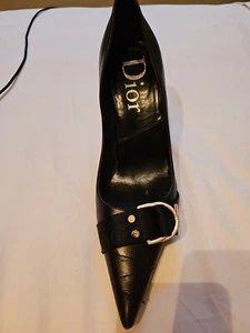 Vintage 90's CHRISTIAN DIOR Paris Blk Leather Monogram Webbing Logo Pumps us 6.5 - Picture 1 of 14