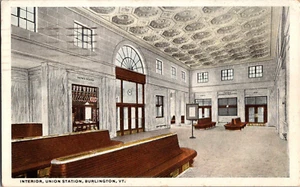 Postal Interior Union Station Burlington Vermont Frontera Blanca Matasellada 1920 - Imagen 1 de 2