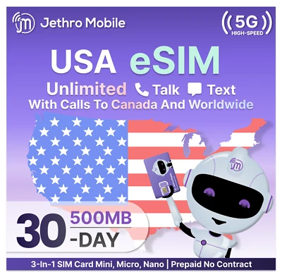 Jethro Mobile eSIM Phone Card Unlimited Talk, Text & 500MB High-Speed Data, 1 MO - Image 1 of 4
