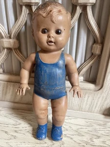 TOD-L-TIM Baby Doll Sun Rubber Squeaky Toy USA Vintage 50s Boy Blue Outfit Shoes - Picture 1 of 9