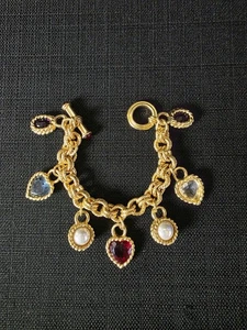 Vintage Givenchy Gripoix Etruscan Style Charm Bracelet Heart Crystal Toggle 80s - Picture 1 of 13