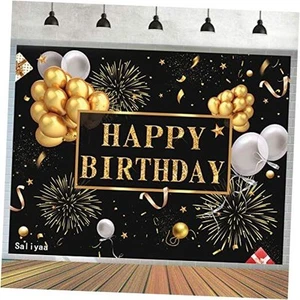 Saliyaa 7x5ft Happy Birthday Backdrop Banner, Birthday Party Decor,Black Gold - Picture 1 of 8
