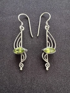 Musical Note Earrings Green Spinel Citrine Sterling Silver Dangle Hook 4g - Picture 1 of 12