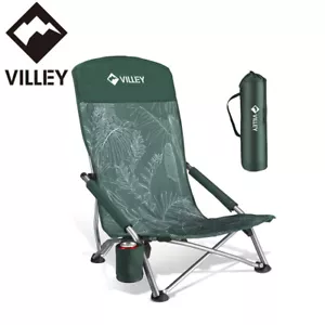 VILLEY Sedia da Spiaggia Pieghevole con Schienale Alto Sedia da Spiaggia Bassa Borsa Portabicchieri Verde - Foto 1 di 12