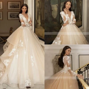 Luxury Beaded Wedding Dresses V-Neck Long Sleeved Ruffled Lace Applique Gowns - Picture 1 of 13