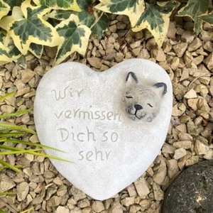 Grabherz Katze Spruch - Wir vermissen Dich - Grabschmuck Dekoherz Steinguss Herz - Bild 1 von 2