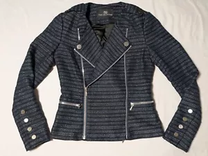 TART COLLECTIONS Women XS Blue Silver Combo Tweed Double Zip Blazer Moto Jacket - Picture 1 of 18
