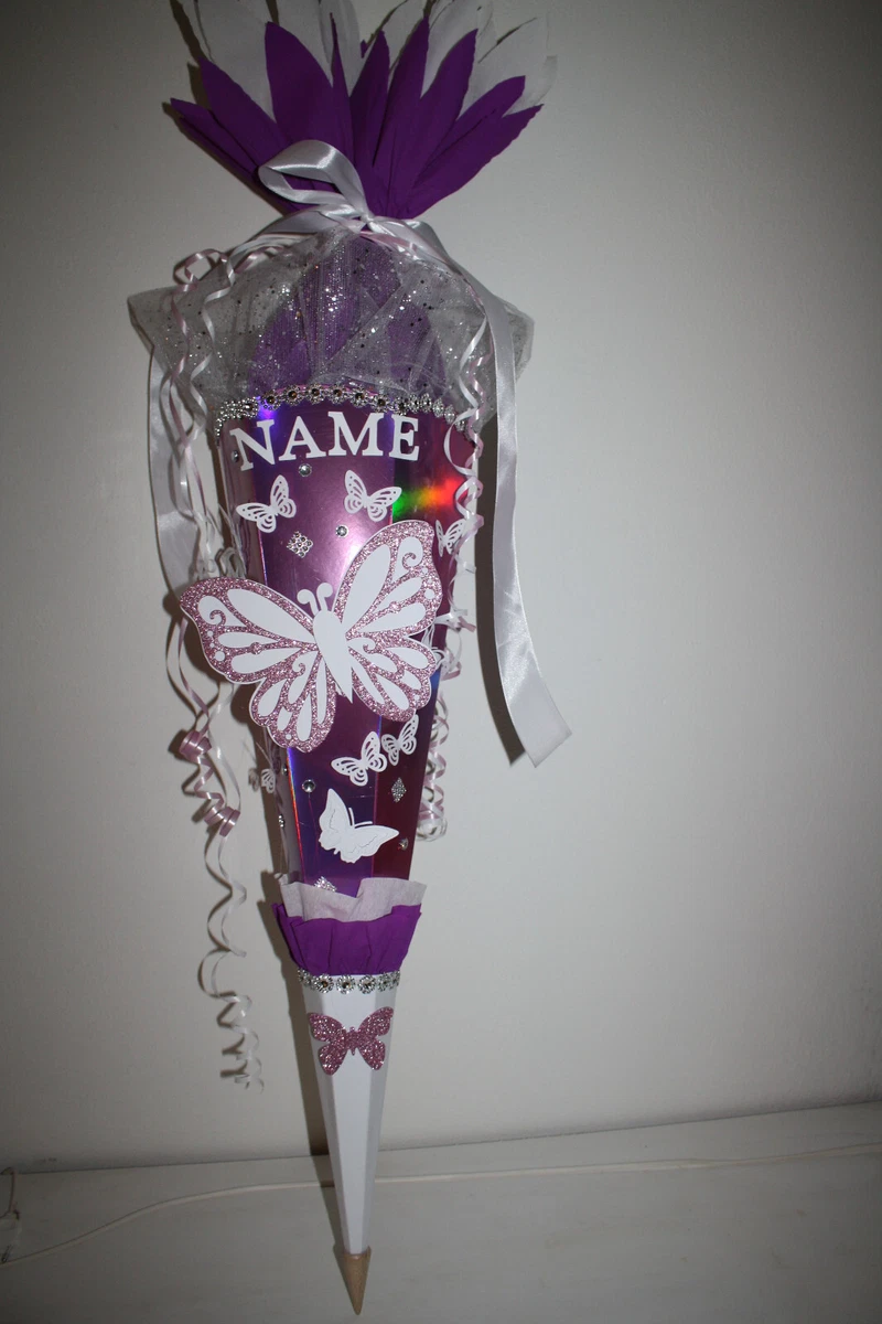 Schultüte / Zuckertüte Mit Schmetterlings-Motiv – Rund, 35 Cm Lang, Glanzlackiert, Mit Krepppapier-Verschluss