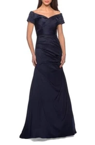 Nuevo Vestido Trompeta La Femme Fuera del Hombro Cuentas Satén Azul Marino Talla 8 $508 - Imagen 1 de 8