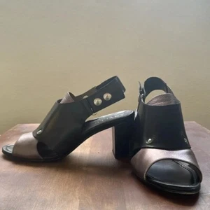ANYI LU Handmade Italy Black & silver Metallic Leather Heel Size 8.5 slingback - Picture 1 of 13