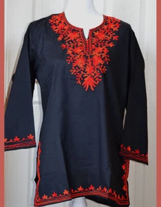Túnica Top Kurti de India Mediana Color Negro Bordado Rojo Color Negro - Imagen 1 de 5