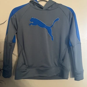 Puma Boys Youth Size 8 Gray & Blue Hoodie Polyester Pullover Pouch Pocket - Picture 1 of 11