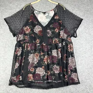 Torrid Babydoll Knit Swiss Dot V Neck Top Womens 4X Black Floral Sheer Layered - Picture 1 of 15