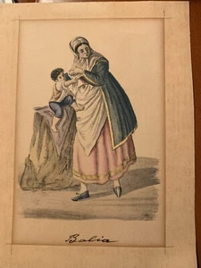 Grabado en madera vintage coloreado a mano mujer niño lactante firmado Bolia / Balia - Imagen 1 de 12