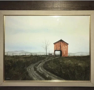 Original Lou Messa Paisaje y Granero Enmarañado y Enmarcado Años 70 Circa - Imagen 1 de 3