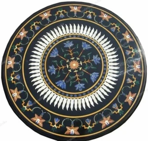 Round Marble Coffee Table Top – Inlay Semi Precious Stones | Mughal Art Handmade - Picture 1 of 2