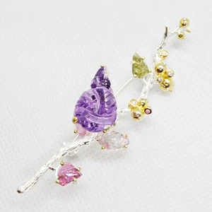Amethyst Turmalin CZ Brosche BLÜTEN BLÄTTER  925 Silber 585 Weißgold vergoldet - Bild 1 von 5