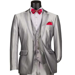 Traje ajustado VINCI gris plateado satinado 3 piezas 2 botones para hombre - NUEVO - Imagen 1 de 4