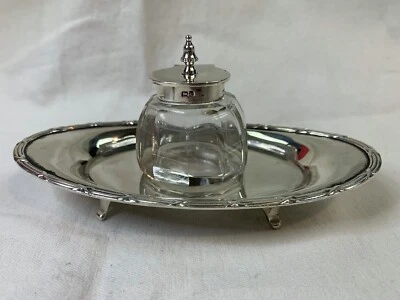 Tintero de plata esterlina inglés Inglaterra 1902 firmado Mappin Webb M&W + bandeja 849 Foto 1 de 4