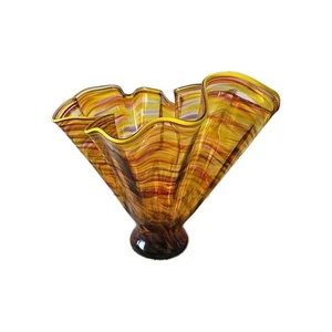 Pañuelo vintage con volantes borde ondulado ámbar marrón a rayas florero de vidrio soplado a mano - Imagen 1 de 7