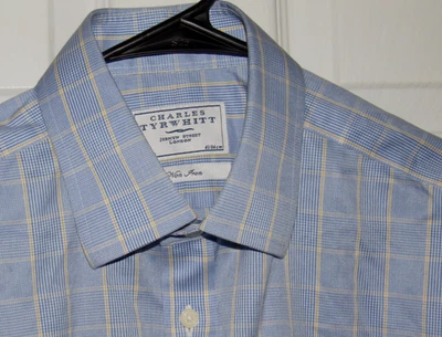 CHARLES TYRWHITT Men's 16-33 Dress Shirt Blue Yellow Plaid NON IRON French Cuff - Image 1 of 4