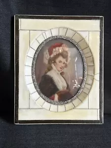 19C Antique French Signed Miniature Painting w/wood inlay-338 - Picture 1 of 8